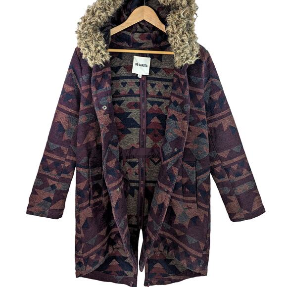 BB Dakota Aztec Fur Trim Coat Blanket Southwestern Dusty Parka Winter Jacket S - Picture 8 of 12